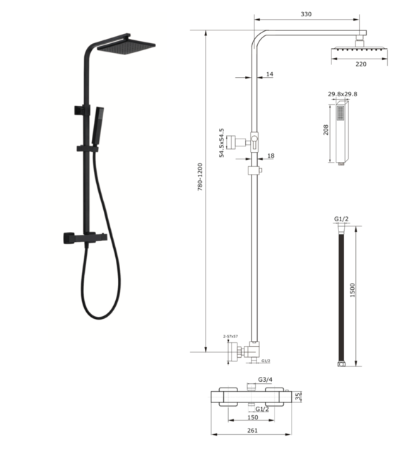 Opbouw Regendouche set  Donna Optima Zwart Mat Vierkant 22cm hoofddouche incl. Handdouche