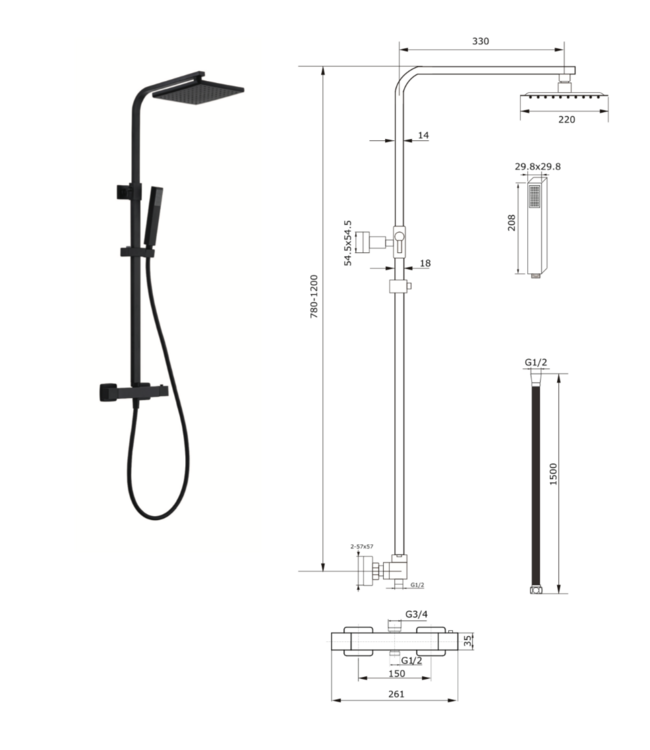 CREAVIT Opbouw Regendouche set  Donna Optima Zwart Mat Vierkant 22cm hoofddouche incl. Handdouche