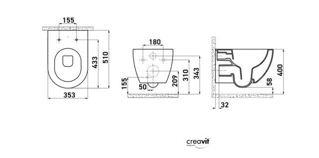 Creavit Aloni Randloos Hangtoilet Mat Wit 51x35x34 cm incl. toiletbril Softclose