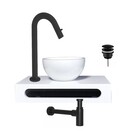 Mini Toilet Fonteinset Parro Zwart Solid Surface Handdoekhouder waskom luxe koud water Kraan Cinci Pushup en Sifon Zwart 40x22x8cm