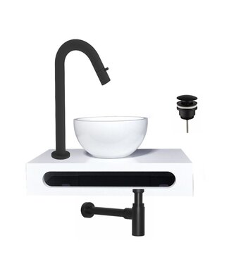 SANI-SUPPLY Mini Toilet Fonteinset Parro Zwart Solid Surface Handdoekhouder waskom luxe koud water Kraan Cinci Pushup en Sifon Zwart 40x22x8cm