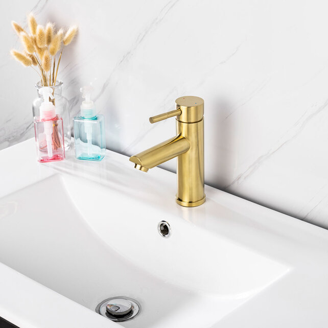 Wastafelkraan Eva Opbouw Laag Rond Geborsteld Goud 1 Greeps