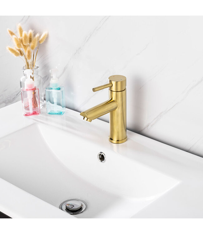 Wastafelkraan Eva Opbouw Laag Rond Geborsteld Goud 1 Greeps