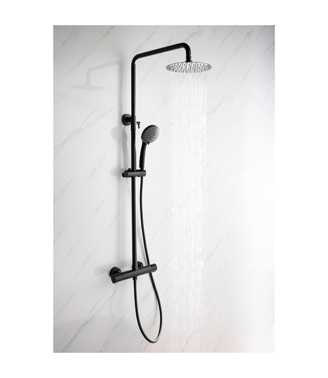 Opbouw Regendouche set Leva Mat Zwart 30 cm Hoofddouche Thermostaatkraan incl. Handdouche