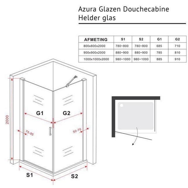 Douchecabine 80x80 - Azura Glazen Douchecabine - Draaideur 8mm Glas Vierkant - Profiel Mat Zwart