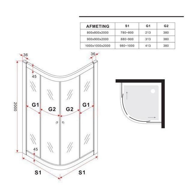 Douchecabine James Nano Kwartrond Hoekinstap Schuifdeur 80x80x200cm Helder Glas Mat Zwart Profiel 6mm Veiligheidsglas