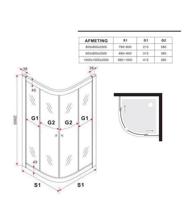 Douchecabine James Nano Kwartrond Hoekinstap Schuifdeur 80x80x200cm Helder Glas Mat Zwart Profiel 6mm Veiligheidsglas