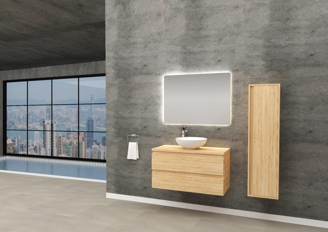 Badkamermeubel Onderkast Sally 100x50x45 Mat Eiken Hangend 2 Lades Softclose Greeploos