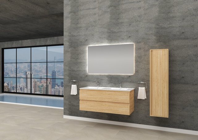 Badkamermeubel Onderkast Sally 120x50x45 Mat Eiken Hangend 2 Lades Softclose Greeploos