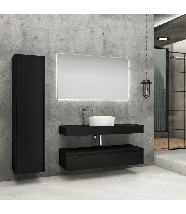 Badkamermeubel Sally Freedom Mat Zwart 120cm met wastafelblad voor waskom en ladekast