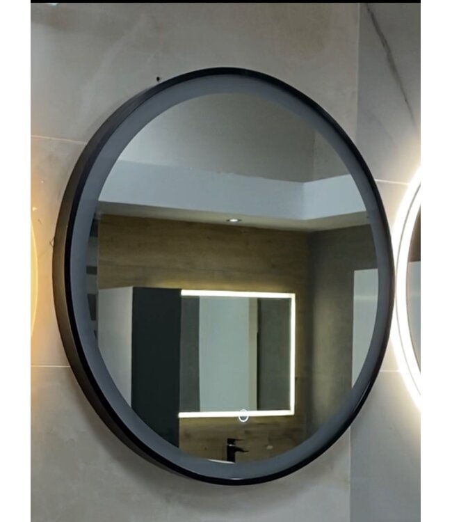 Badkamerspiegel Ibiza Rond 60x60cm Zwart LED-Verlichting front anticondens aluminium lijst
