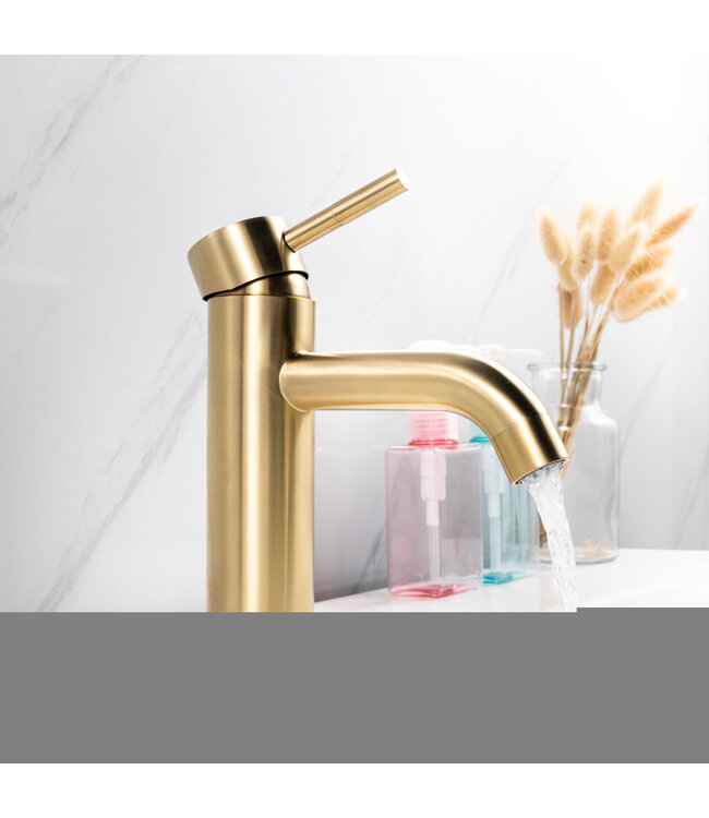 Wastafelkraan Rocco Opbouw Laag Rond Geborsteld Goud 1 Greeps
