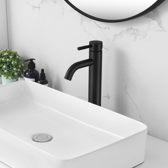 Wastafelkraan Rocco Opbouw Hoog Rond Mat Zwart 1 Greeps