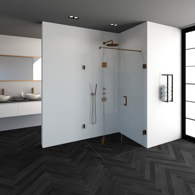 Douchecabine Venus Vierkant Draaideur 98x97.7x200cm Antikalk Helder Glas Profielloos 8mm Veiligheidsglas Geborsteld Koper