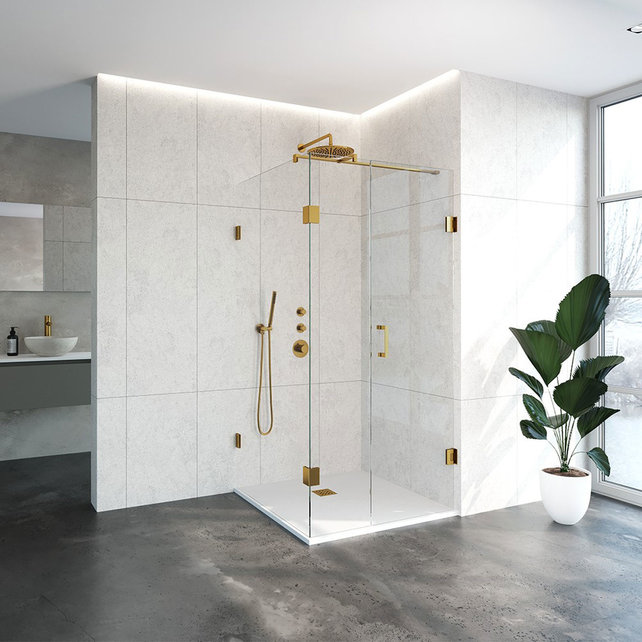 Douchecabine Venus Vierkant Draaideur 98x97.7x200cm Antikalk Helder Glas Profielloos 8mm Veiligheidsglas Geborsteld Goud Douchecabine Venus Vierkant Draaideur 98x97.7x200cm Antikalk Helder Glas Profielloos 8mm Veiligheidsglas Geborsteld Goud