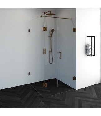 Douchecabine Venus Vierkant Draaideur met Draaibare Zijwand 98.8x97.7x200cm Antikalk Helder Glas Profielloos 8mm Veiligheidsglas Geborsteld Koper