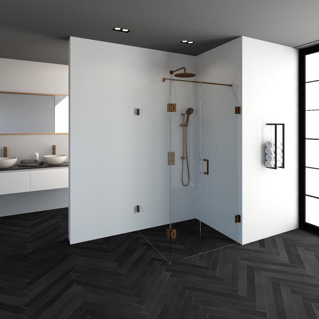 Douchecabine Venus Vierkant Draaideur met Draaibare Zijwand 98.8x97.7x200cm Antikalk Helder Glas Profielloos 8mm Veiligheidsglas Geborsteld Koper