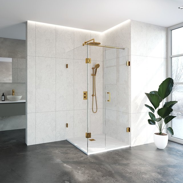 Douchecabine Venus Vierkant Draaideur met Draaibare Zijwand 98.8x97.7x200cm Antikalk Helder Glas Profielloos 8mm Veiligheidsglas Geborsteld Goud Douchecabine Venus Vierkant Draaideur met Draaibare Zijwand 98.8x97.7x200cm Antikalk Helder Glas Profielloos 8mm Veiligheidsglas Geborsteld Goud