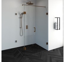 Douchecabine Venus Rechthoek Draaideur met Draaibare Zijwand 118.8x97.7x200cm Antikalk Helder Glas Profielloos 8mm Veiligheidsglas Geborsteld Koper