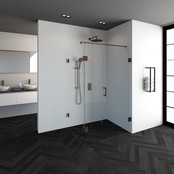 Douchecabine Venus Rechthoek Draaideur met Draaibare Zijwand 118.8x97.7x200cm Antikalk Helder Glas Profielloos 8mm Veiligheidsglas Geborsteld Koper