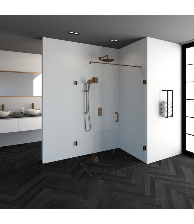 Douchecabine Venus Rechthoek Draaideur met Draaibare Zijwand 118.8x97.7x200cm Antikalk Helder Glas Profielloos 8mm Veiligheidsglas Geborsteld Koper