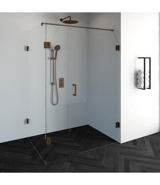 Douchecabine Venus Rechthoek Draaideur met Draaibare Zijwand 138.8x97.7x200cm Antikalk Helder Glas Profielloos 8mm Veiligheidsglas Geborsteld Koper