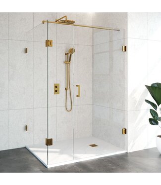 Douchecabine Venus Rechthoek Draaideur met Draaibare Zijwand 138.8x97.7x200cm Antikalk Helder Glas Profielloos 8mm Veiligheidsglas Geborsteld Goud