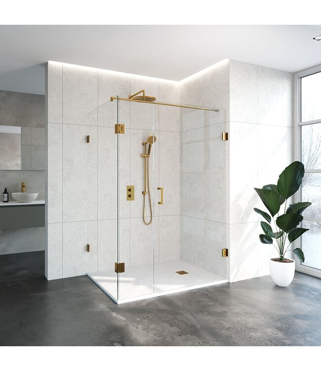 Douchecabine Venus Rechthoek Draaideur met Draaibare Zijwand 138.8x97.7x200cm Antikalk Helder Glas Profielloos 8mm Veiligheidsglas Geborsteld Goud