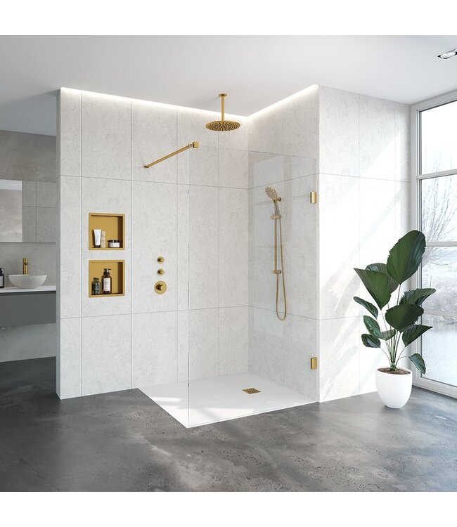 Inloopdouche Venus 117.7x200cm Antikalk Helder Glas Profielloos 8mm Veiligheidsglas Geborsteld Goud