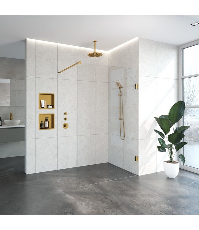 Inloopdouche Venus 127.7x200cm Antikalk Helder Glas Profielloos 8mm Veiligheidsglas Geborsteld Goud