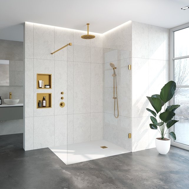 Inloopdouche Venus 137.7x200cm Antikalk Helder Glas Profielloos 8mm Veiligheidsglas Geborsteld Goud