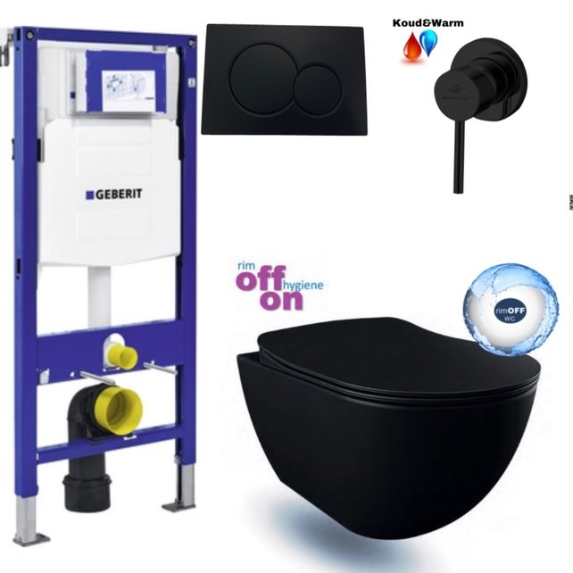 Geberit UP320 Toiletset Zwart met Creavit Freedom Randloos Hangtoilet met Bidet