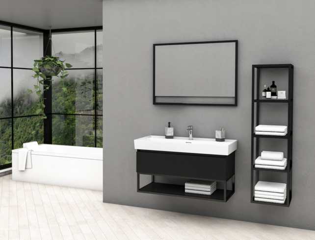 Industrieel Badkamermeubel Creavit Sharp Zwart 80x47x50cm met Stalen frame en wastafel met 1 kraangat overloop Industrieel Badkamermeubel Creavit Sharp Zwart 80x47x50cm met Stalen frame en wastafel met 1 kraangat overloop
