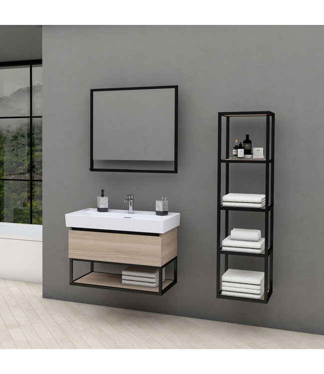 Industrieel Badkamermeubel Creavit Sharp 80x47x50cm met Stalen frame en wastafel met 1 kraangat overloop