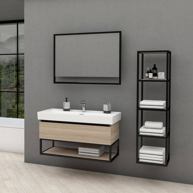 Industrieel Badkamermeubel Creavit Sharp 100x47x50cm met Stalen frame en wastafel met 1 kraangat overloop