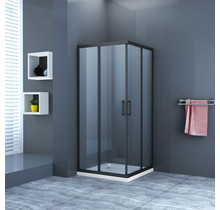Douchecabine Lara Nano Zwart 80x80x200cm 8mm Veiligheidsglas Vierkant Hoekinstap Schuifdeur Helder Glas Mat Zwart profiel