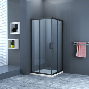 Douchecabine Lara Nano Zwart 80x80x200cm 8mm Veiligheidsglas Vierkant Hoekinstap Schuifdeur Helder Glas Mat Zwart profiel