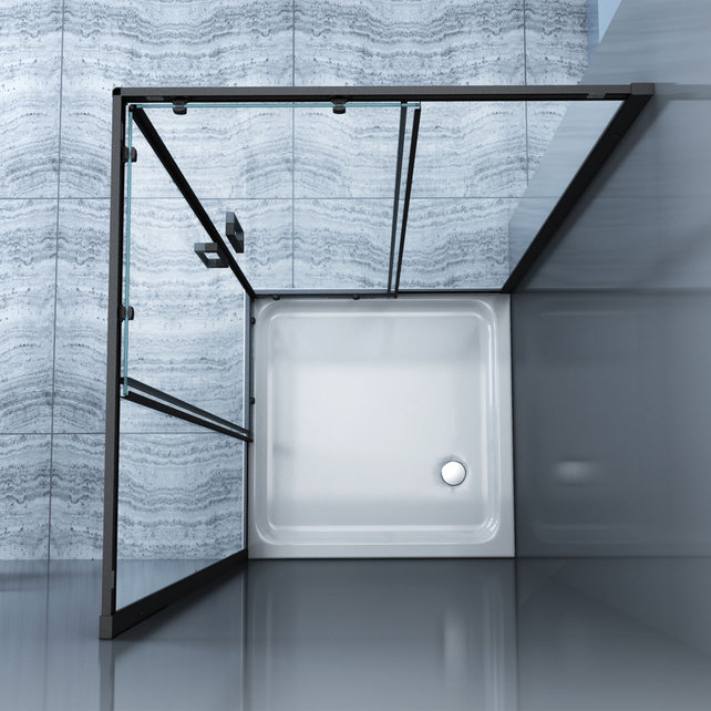 Douchecabine Lara Nano Zwart 80x80x200cm 8mm Veiligheidsglas Vierkant Hoekinstap Schuifdeur Helder Glas Mat Zwart profiel