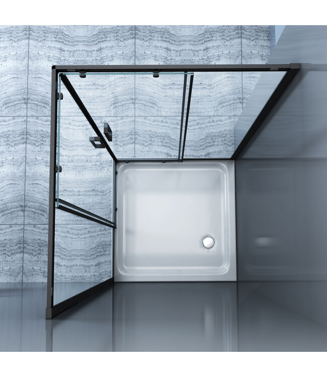 Douchecabine Lara Nano Zwart 80x80x200cm 8mm Veiligheidsglas Vierkant Hoekinstap Schuifdeur Helder Glas Mat Zwart profiel