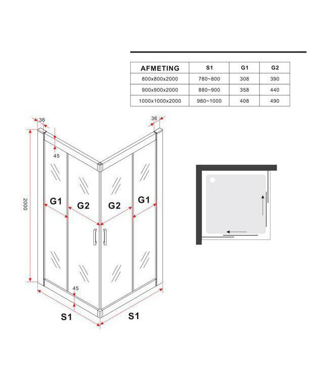 Douchecabine Lara Nano Zwart 80x80x200cm 8mm Veiligheidsglas Vierkant Hoekinstap Schuifdeur Helder Glas Mat Zwart profiel