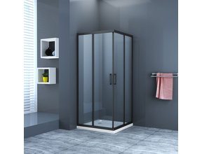 Douchecabine Lara Nano Zwart 90x90x200cm 8mm Veiligheidsglas Vierkant Hoekinstap Schuifdeur Helder Glas Mat Zwart profiel