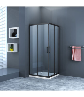 Douchecabine Lara Nano Zwart 90x90x200cm 8mm Veiligheidsglas Vierkant Hoekinstap Schuifdeur Helder Glas Mat Zwart profiel