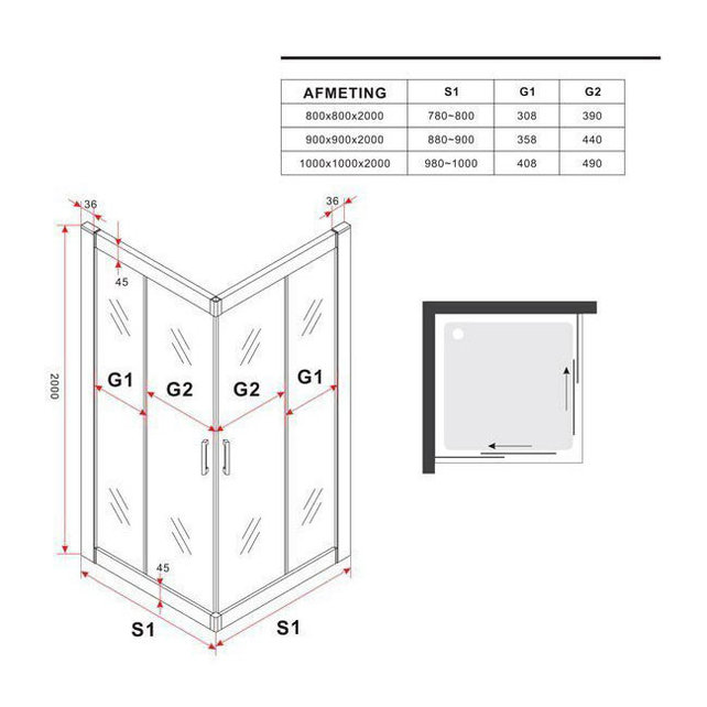 Douchecabine Lara Nano Zwart 90x90x200cm 8mm Veiligheidsglas Vierkant Hoekinstap Schuifdeur Helder Glas Mat Zwart profiel