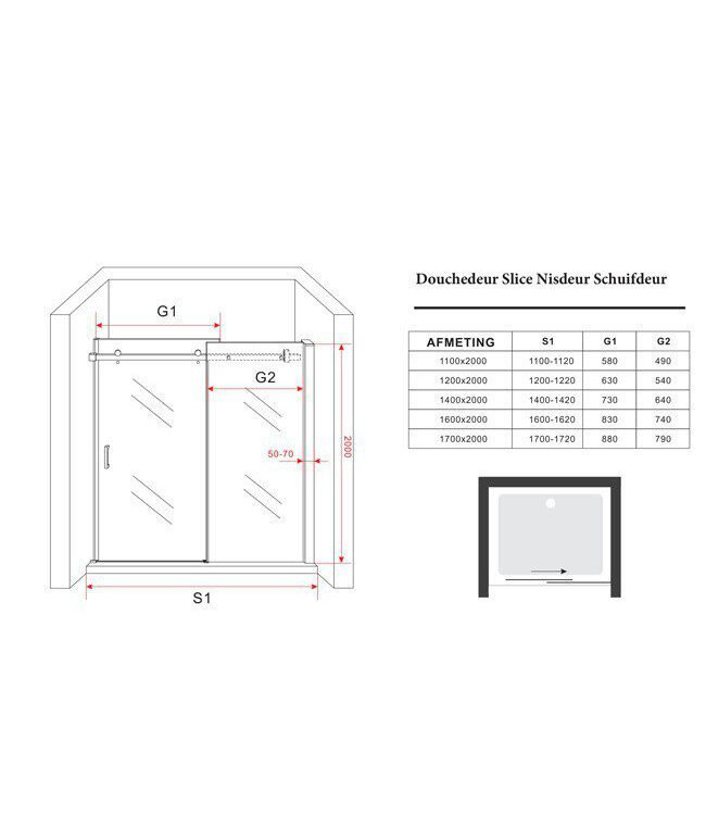 Douchedeur Slice Nisdeur Schuifdeur Zwart 120x200cm Antikalk Helder Glas Chroom Profiel 8mm Veiligheidsglas Easy Clean