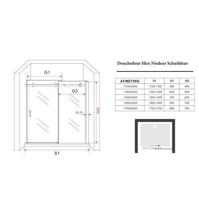 Douchedeur Slice Nisdeur Schuifdeur Zwart 110x200cm Antikalk Helder Glas Zwart Profiel 8mm Veiligheidsglas Easy Clean