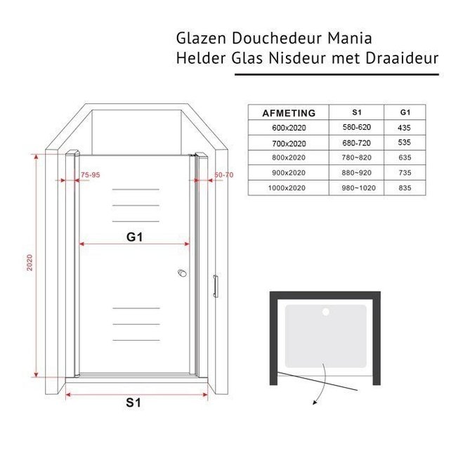 Glazen Douchedeur 60cm - Mania Helder Glas Nisdeur met Draaideur - Verstelbaar Swingdeur met Antikalk
