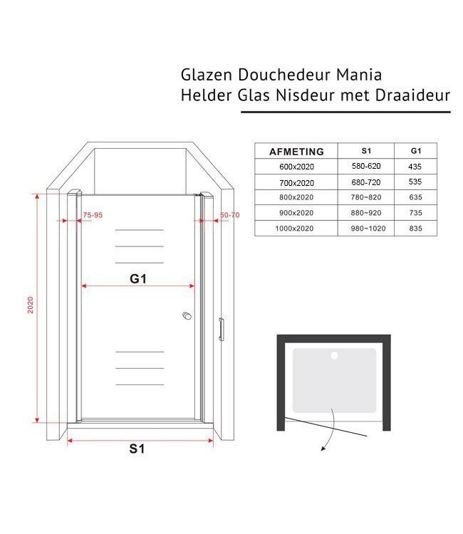 Glazen Douchedeur 60cm - Mania Helder Glas Nisdeur met Draaideur - Verstelbaar Swingdeur met Antikalk