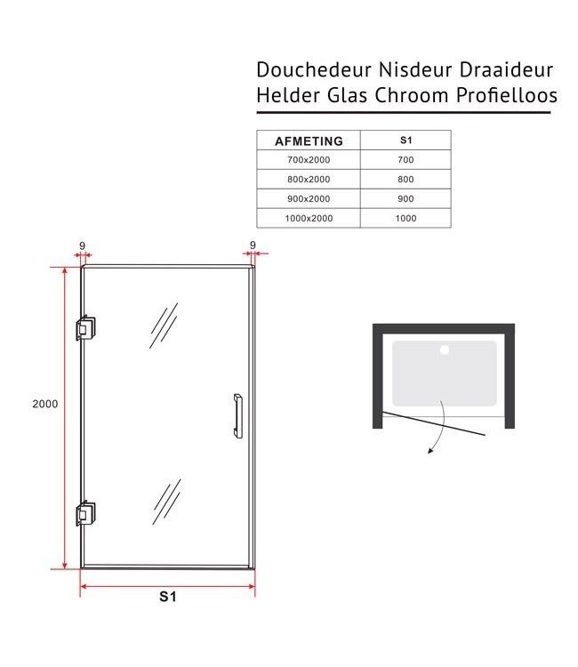 Douchedeur Nisdeur Draaideur 90x200cm Antikalk Helder Glas Chroom Profielloos 8mm Veiligheidsglas Easy Clean
