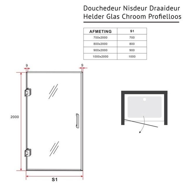 Douchedeur Nisdeur Draaideur 80x200cm Antikalk Helder Glas Chroom Profielloos 8mm Veiligheidsglas Easy Clean