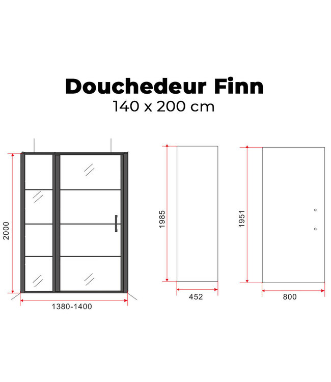 Douchedeur Collins Nisdeur Draaideur 140x200cm Mat Zwart Antikalk Helderglas 8mm Veiligheidsglas Easy Clean